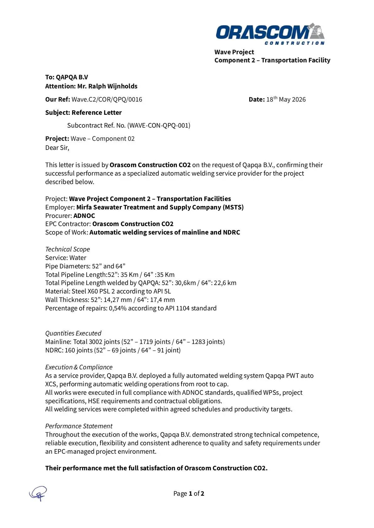 Orascom Construction - Qapqa ref Letter for Wave C2 Project 1-1