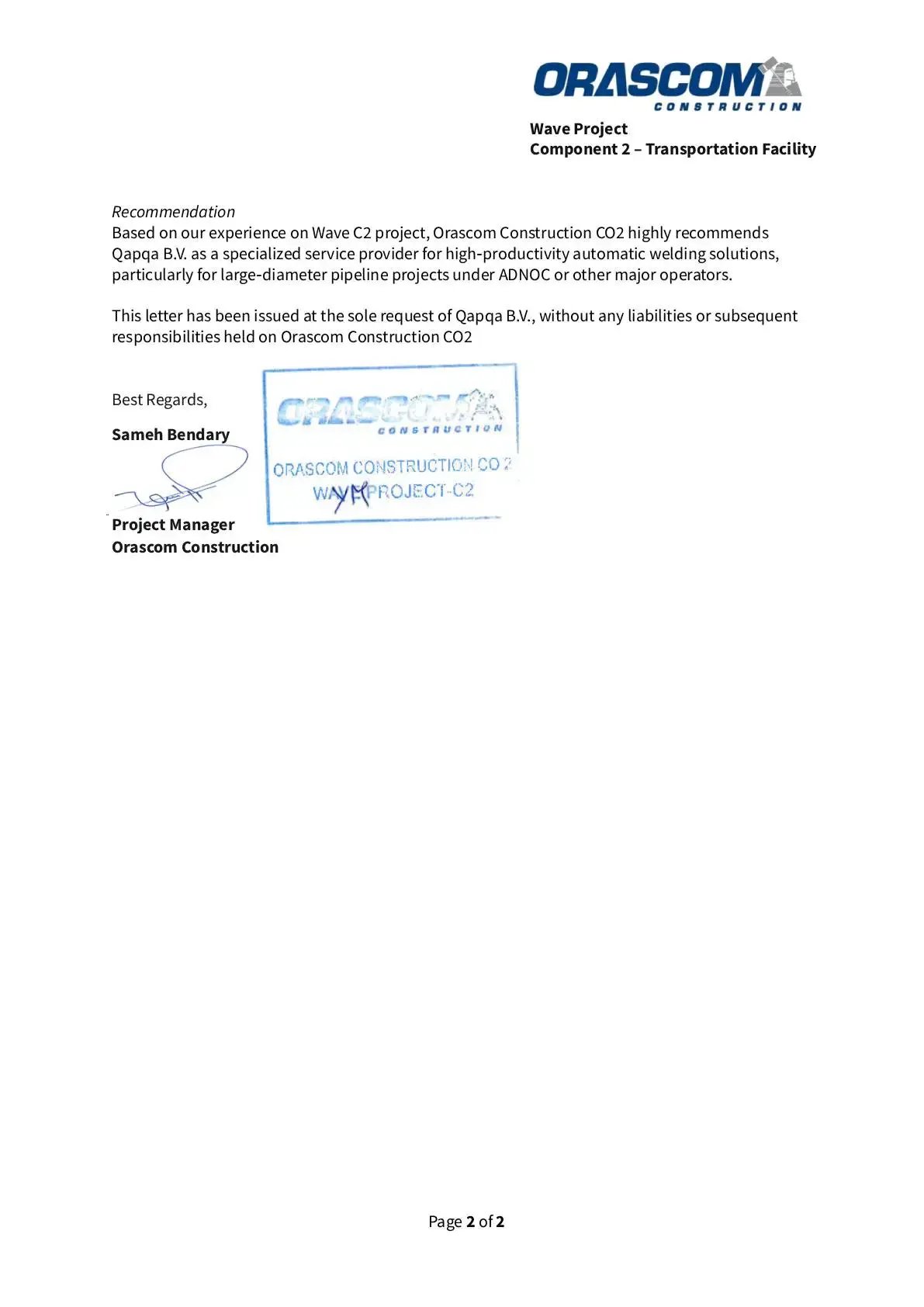 Orascom Construction - Qapqa ref Letter for Wave C2 Project 1
