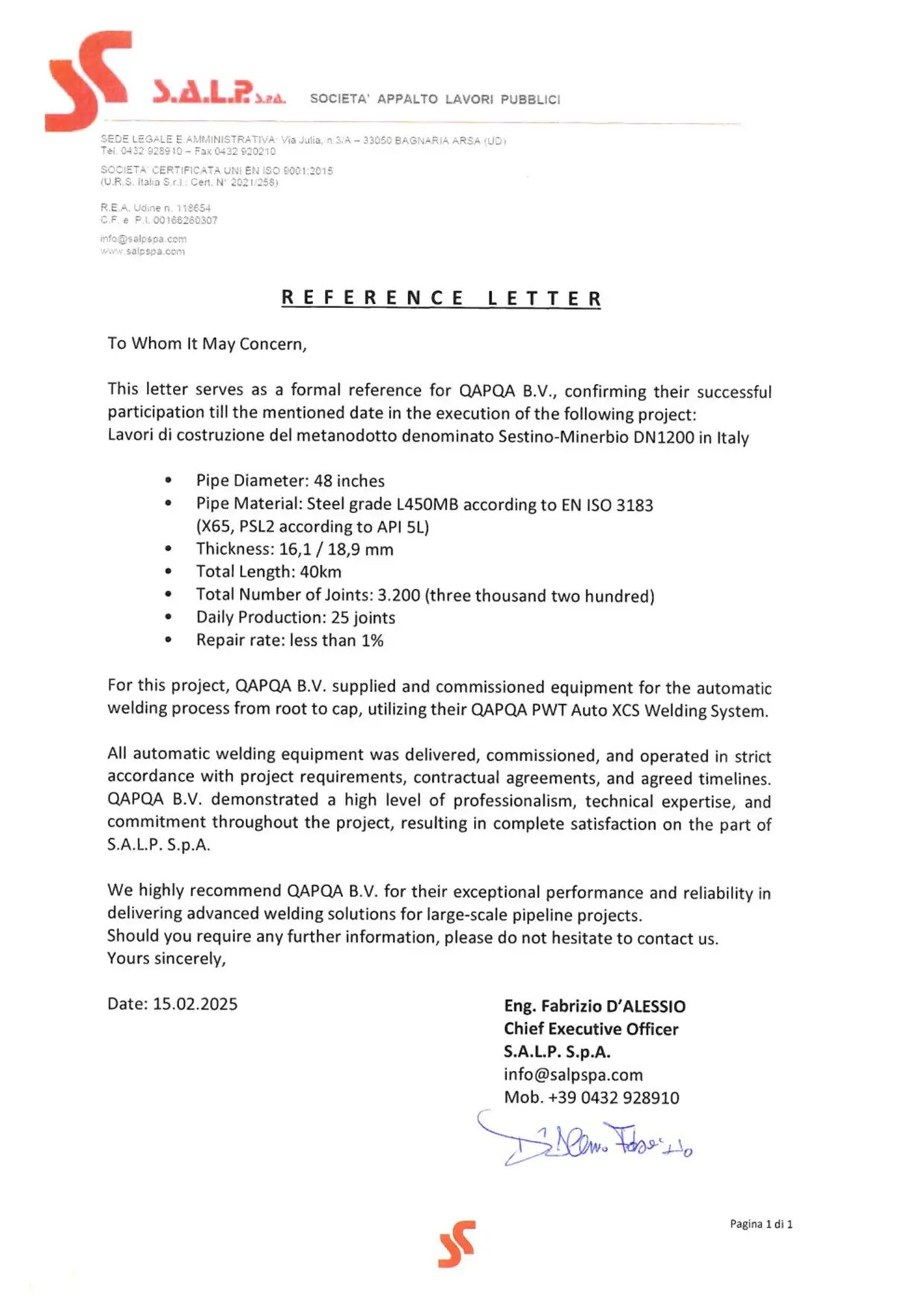 SALP SPA Reference letter Lavori di construczione del metanodotto denominato Sestino-Minerbio DN1200